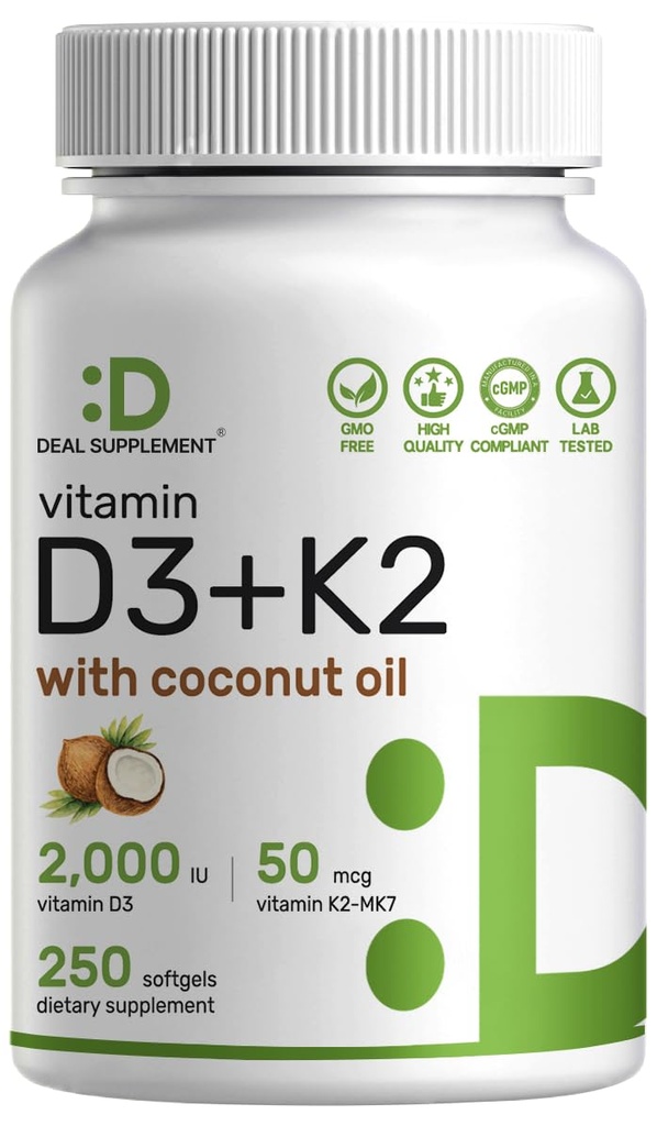 SUPLEMENTO DEAL Vitamina D3 2,000 UI + K2 MK7 50mcg Softgels TENIDO Complejo 2-en-1 con aceite de coco virgen ANTE soporta el corazón, el hueso, el tejido &amp; la salud inmunitaria