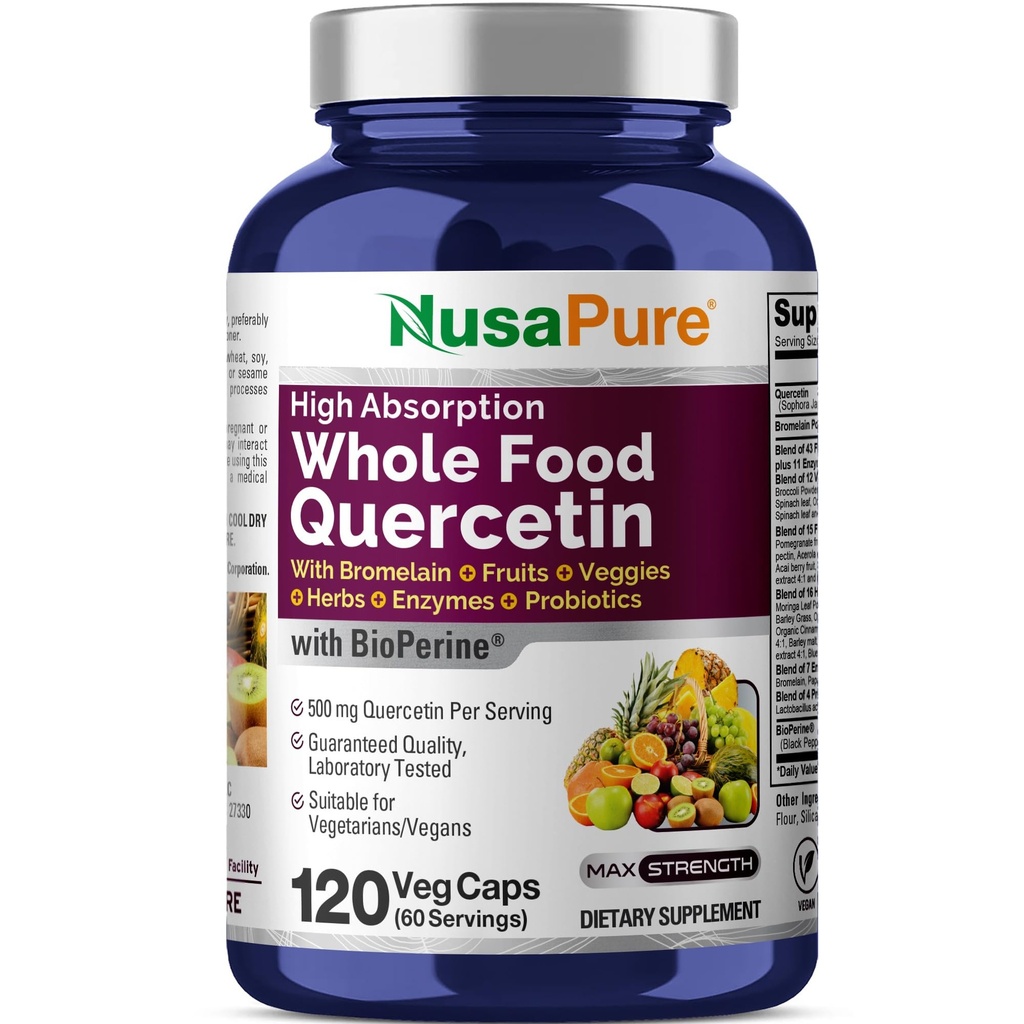 NusaPure Quercetina con Bromelain 500mg ←120 Veggie Caps  43 Fruit Veggie Grain Herbs Enzyme Probiotic Blend ← Non-GMO, Vegan, Bioperine