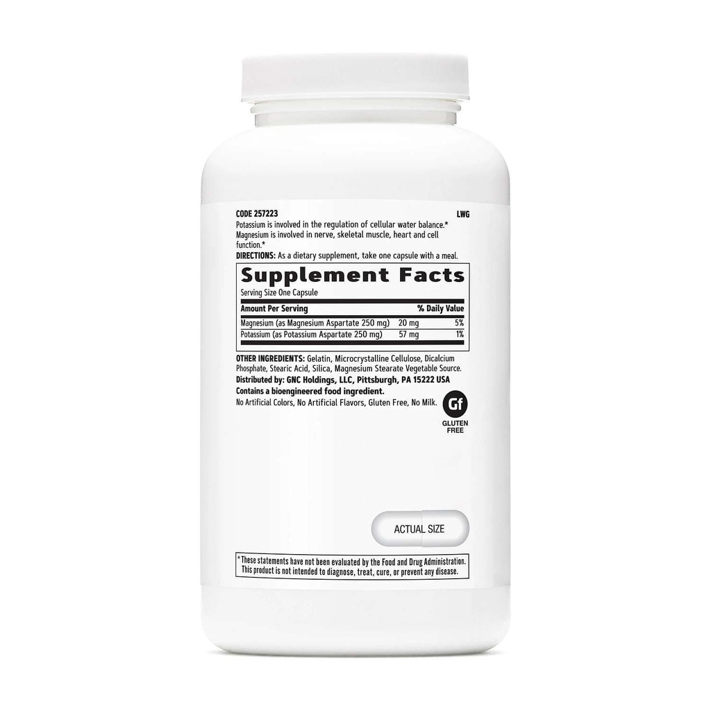 GNC Potasio y Magnesio Aspartate 250mg Suplemento, Ayuda a regular el equilibrio del agua, 240 Servimientos