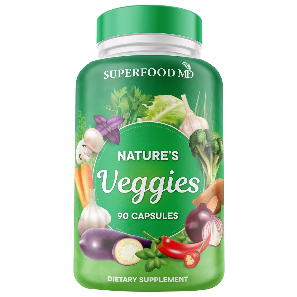 Superfood MD Veggies Suplemento - 90 Veggie Capsules - Supports Energy Levels, Beta Carotene, Vitaminas &amp; Minerals - Soy Gratis - 90 Cuenta