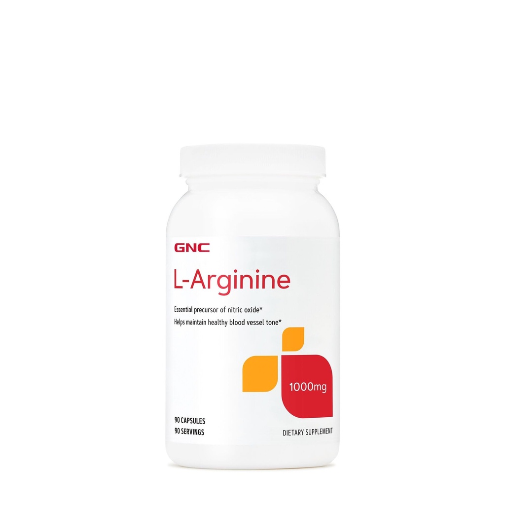 GNC L Arginine 1000mg Suplemento, apoya el tono saludable del vaso sanguíneo, 90 piezas