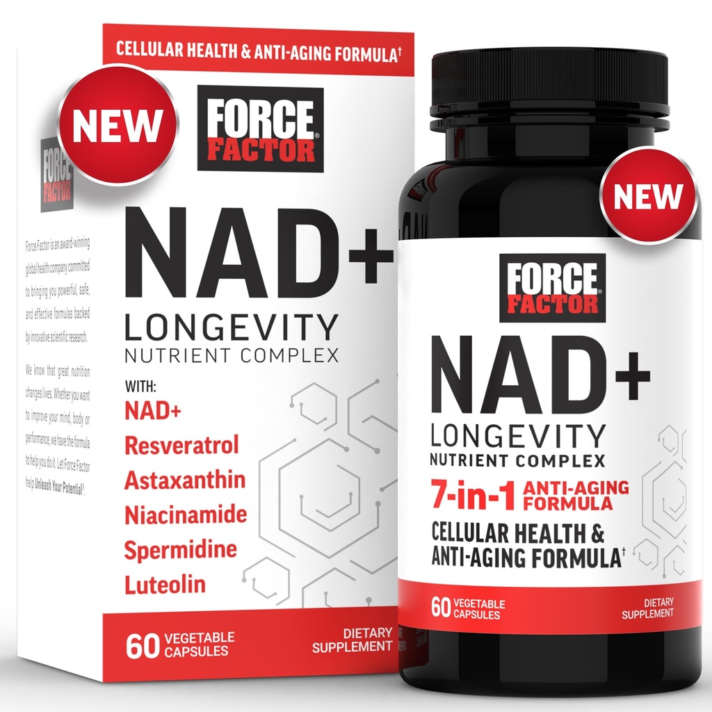 FORCE FACTOR NAD+ (NMN o Nicotinamide Riboside Alternative) con Resveratrol, Astaxanthin, Spermidine & Luteolin Complex, NAD para apoyar la salud celular y el envejecimiento saludable, 60 cápsulas