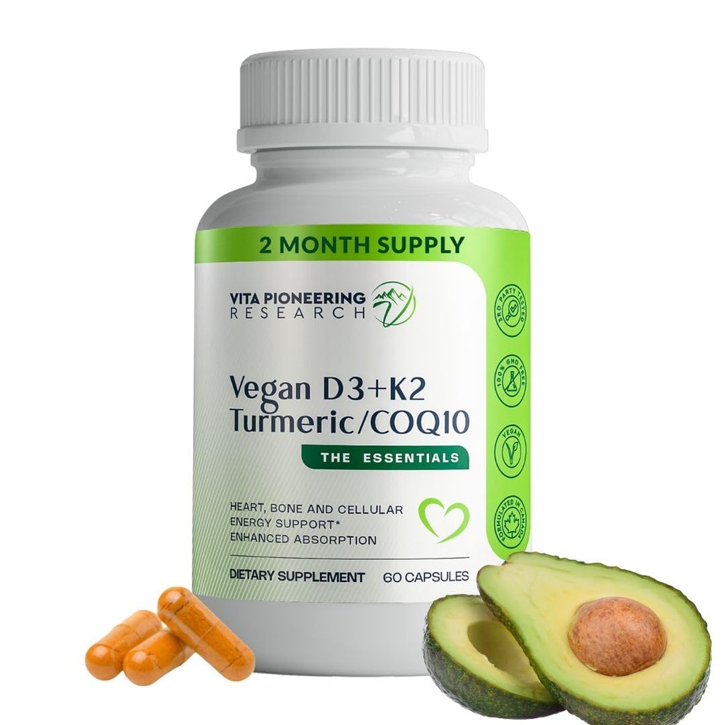5-in-1 Vitamina D3 2000IU + K2Vital Vitamin K2 con Turmérico y COQ10 - con Avocado Polvo para la Absorción Mejorada - Corazón, Hueso, Soporte Celular de Salud