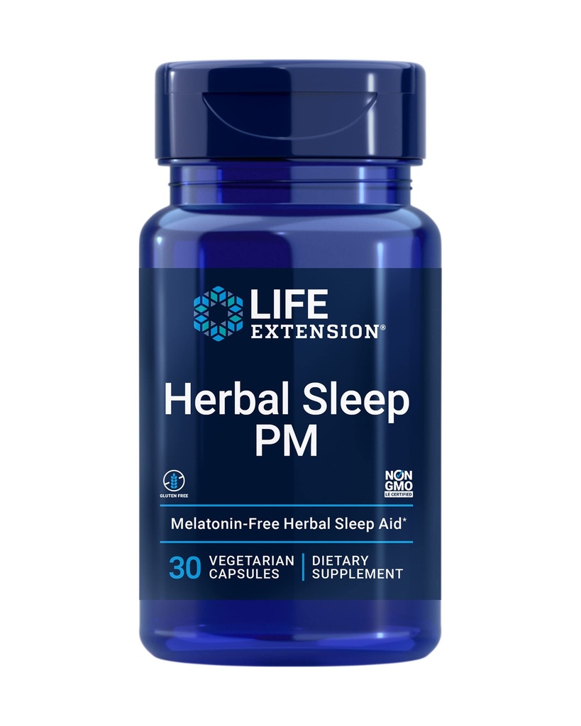 Extensión de la vida Herbal Sleep PM, Lemon Balm, honokiol (magnolia bark), Chamomile, promueve el sueño saludable, libre de hormonas, libre de melatonina, libre de gluten, no GMO, vegetariano, 30 cápsulas