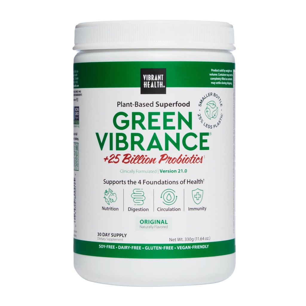 Vibrant Health, Green Vibrance, Incluye 65 Superfoods de base vegetal, 25 Probióticos de billón, fibra, adaptógenos " Enzymes, 30 Servidores