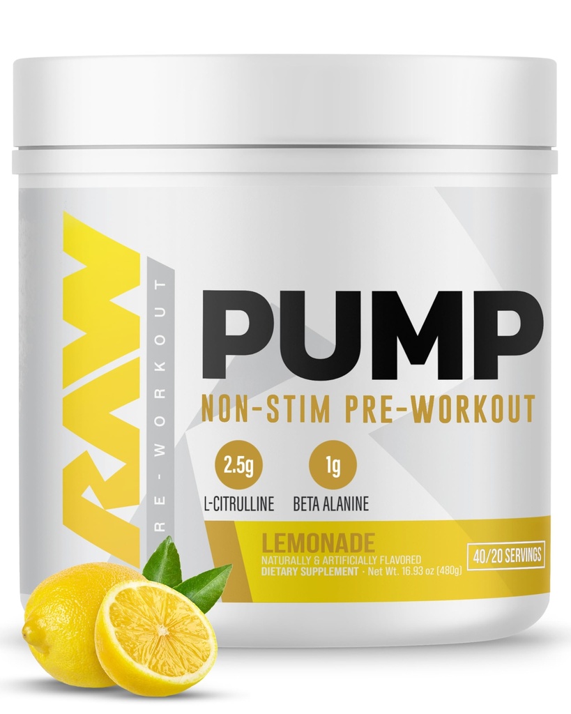 Bomba RAW Stim Free Pre Workout (Lemonade) - Non-Stimulant Pre Workout Suplemento Powder Nitric Oxide Booster - Pre Workout Suplementos Bebida para el entrenamiento - 40 Servimientos
