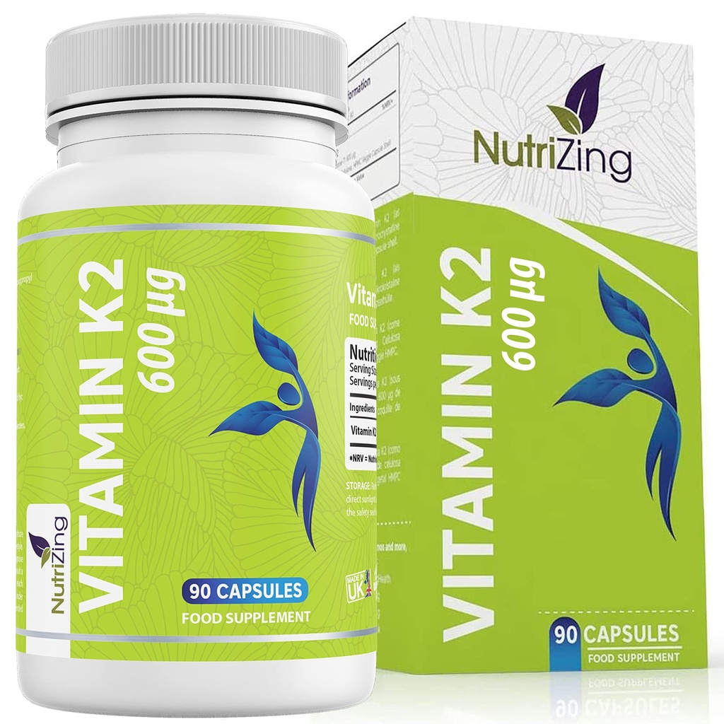 NutriZing K2 Vitamin Supplement MK-7 - High Strength 600mcg - Supports Bone & Arterial Health - 90 cápsulas veganos - Vitamina K2 for Men &amp; Women - 3 Month Supply