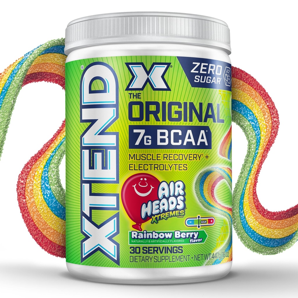 Xtend Original BCAA Powder Airheads Rainbow Berry Flavor, 7g BCAA y 2.5g L-Glutamina, Sugar Free Post Workout Muscle Recovery Drink with Amino Acids for Men &amp; Women, 30 Servings