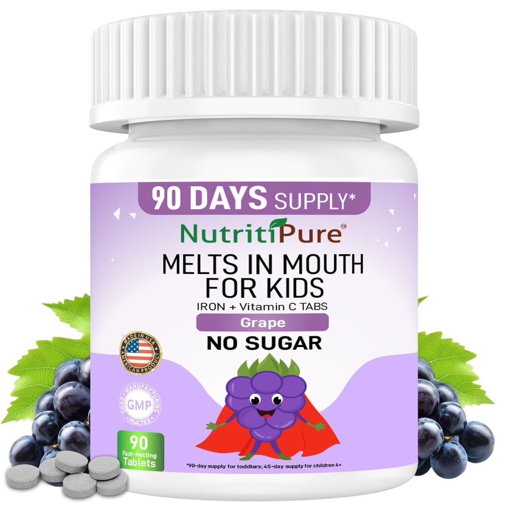 Suplemento de Hierro Chewable para niños, Hierro de Carbonilo Ferronyl® 9 mg, vitamina C 30 mg, sabor de uva, 90 tabletas (1 botella)