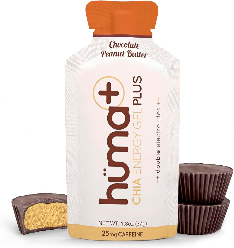 Huma Plus (Doble Electrolytes) - Chia Energy Gel, Chocolate Peanut Butter, 24 Gels - Stomach Friendly, Real Food Energy Gels