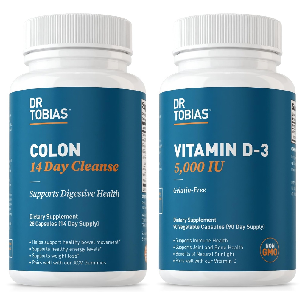 Dr. Tobias Colon 14 Días Limpieza y Vitamina D3 5000 UI Apoyo salud general, sistema inmunológico y sistema digestivo. Limpio y vitamina para hombres y mujeres.