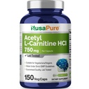NusaPure Acetyl L-Carnitine 750mg por Caps 150 Veggie Capsules (No-GMO, Vegan) High Potency Acetyl L Carnitine HCL (ALCAR)