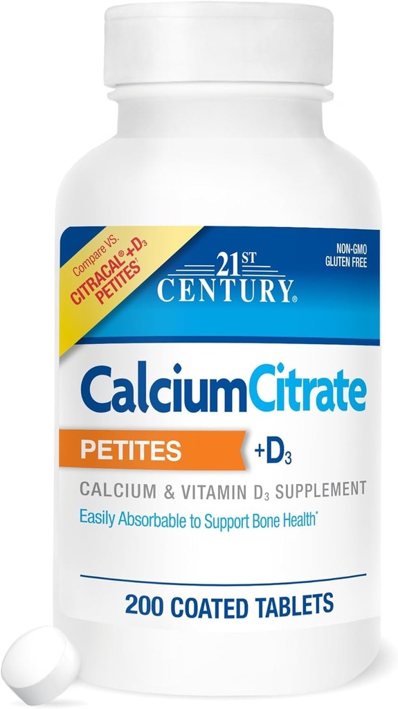 21st Century Calcium Citrate Petites + D3 Coated Tablets - 200 Tablets, Pack de 3