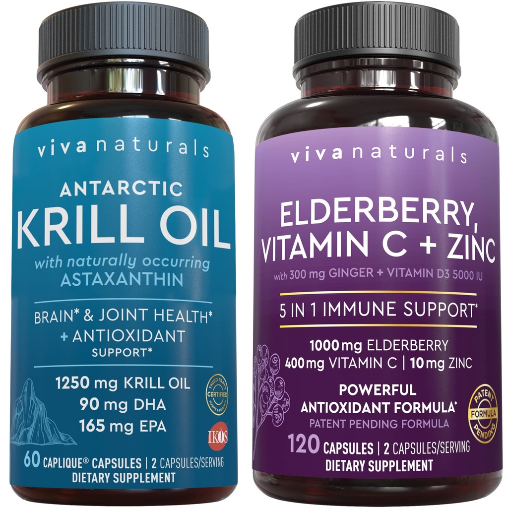Viva Naturals Antártico Krill Oil and Elderberry, Vitamina C, Zinc y Vitamina D3 5000 UI Bundle, 1250 mg de Krill Oil Proporcionándole Omega 3 EPA y DHA para Salud Conjunta, Elderberry para Soporte Inmunitario
