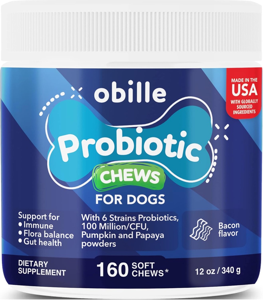Probióticos para perros 160 Chews 12 oz – Soporta Gut & Digestion Health, Immune System, Upset Stomach & Gas, Metabolism, Constipation, Diarrhea & Loose Stool, Itchy Skin and Ears &amp; Allergies