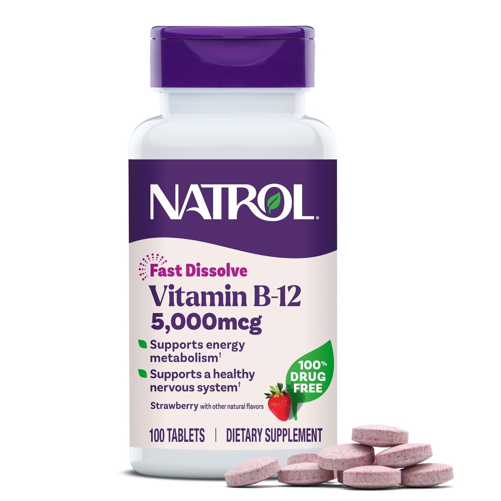 Vitamina Natrol B12 5,000 mcg, Vitamina de Disuelva Rápido B12 Suplemento Soporta un sistema nervioso saludable y metabolismo energético, 100 tabletas, hasta un suministro de 100 días