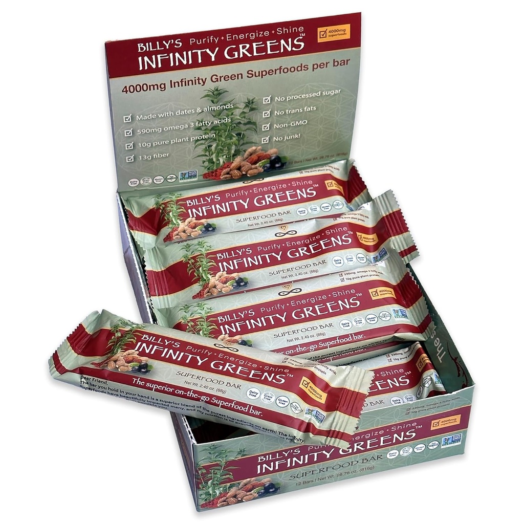 Infinity Greens Superfood Bars, Plant Based Meal Replacement Bar con 4000mg Infinity Greens Superfood Powder, Organic, Raw, Gluten Free, Non GMO (12 Bares)