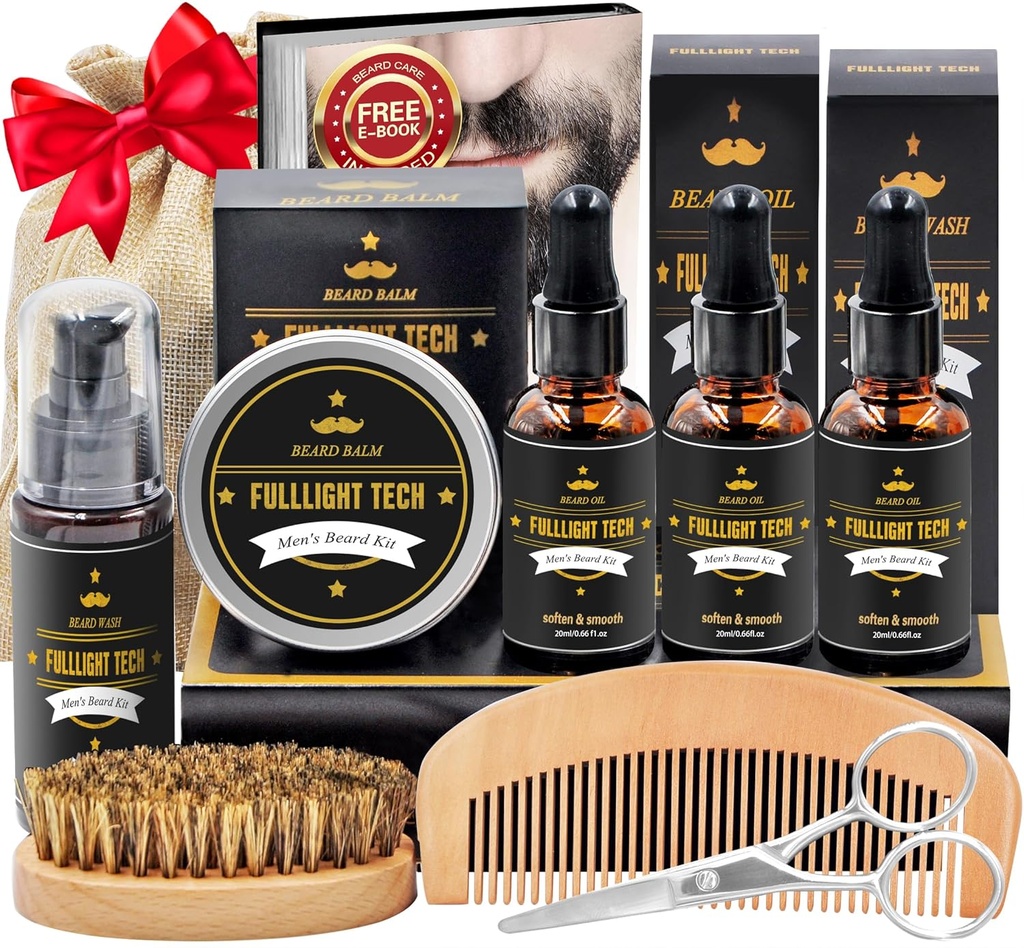 Beard Kit para Hombres Grooming &amp; Care W/3 Pack Beard Oil, Wash, Balm, Comb, Brush, Scissors,Anniversary Valentines Birthday Fathers Gifts Idea for Husband Him Boyfriend Dad Men Christmas Stocking Stuffers