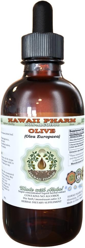 Extracto líquido libre de alcohol de oliva, Oliva orgánica (Olea europaea) Hoja seca Glycerite Natural Herbal Suplemento, Hawaii Pharm, USA 2 fl.oz