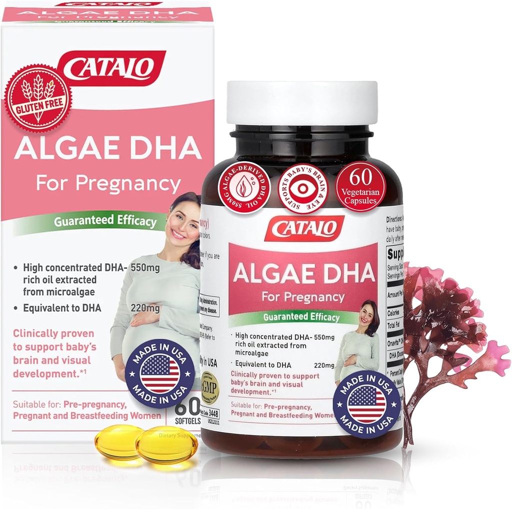 CATALO Omega 3 Algae DHA for Women - 550mg DHA-Rich Oil from Microalgae, Ideal para prenatal, embarazo y lactancia, Softgeles vegetarianos, libre de gluten - 60 Softgels