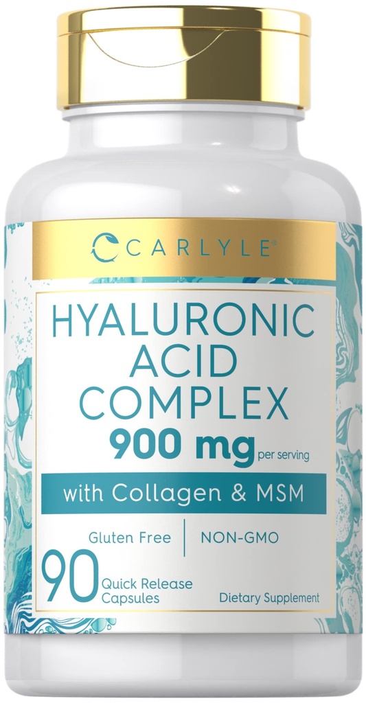 Complejo de ácido hialurónico de Carlyle 900 mg TENIDO con Collagen y MSM TEN 90 cápsulas TENIDO NO GMO, Gluten Suplemento gratuito