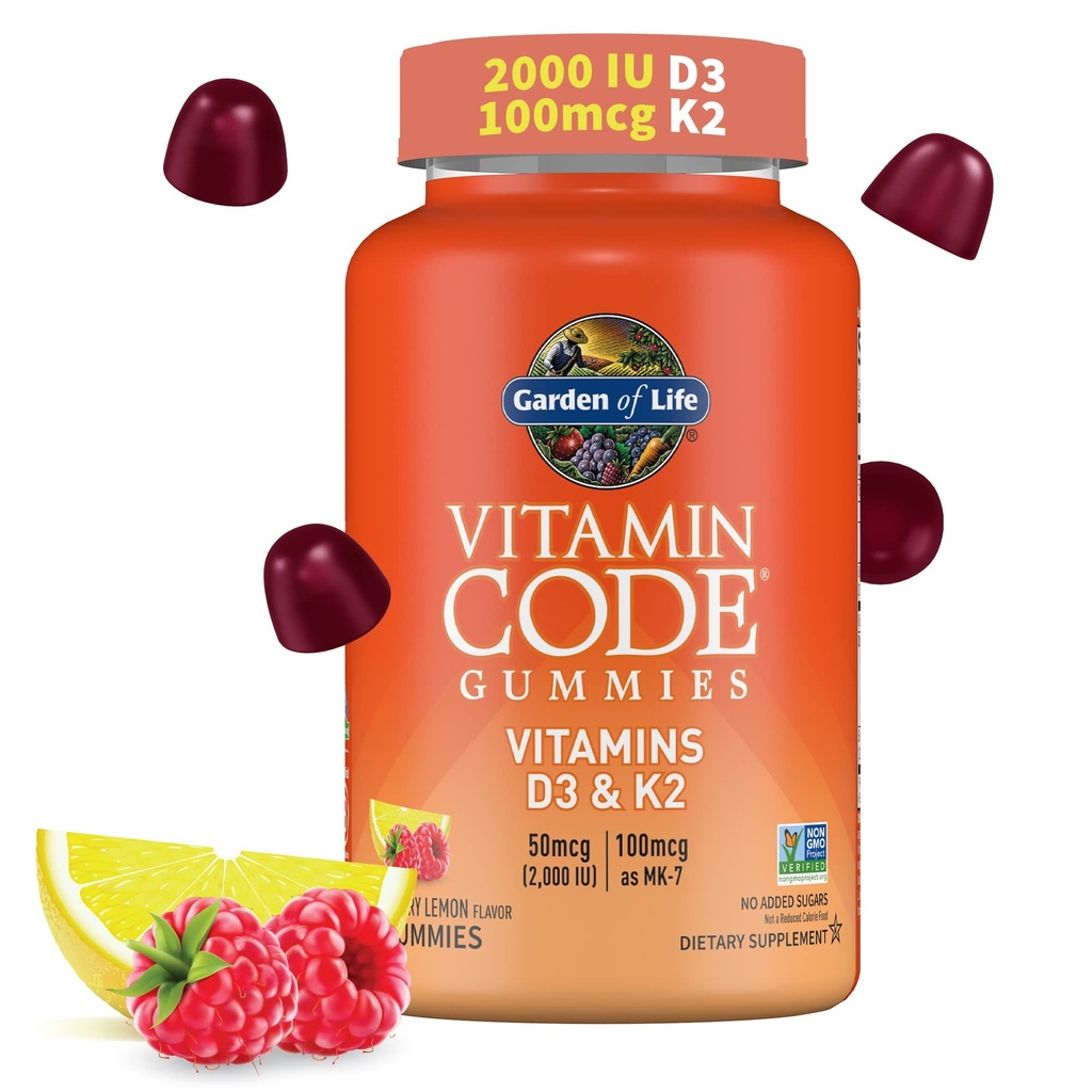 Garden of Life Vitamin Code D3 " K2 Gummies with Prebiotics and Probiotics - Bone Health, Immune Health, and Digestive Support, Non-GMO, Gluten-Free, Raspberry Lemon Flavor, 45 Gummies