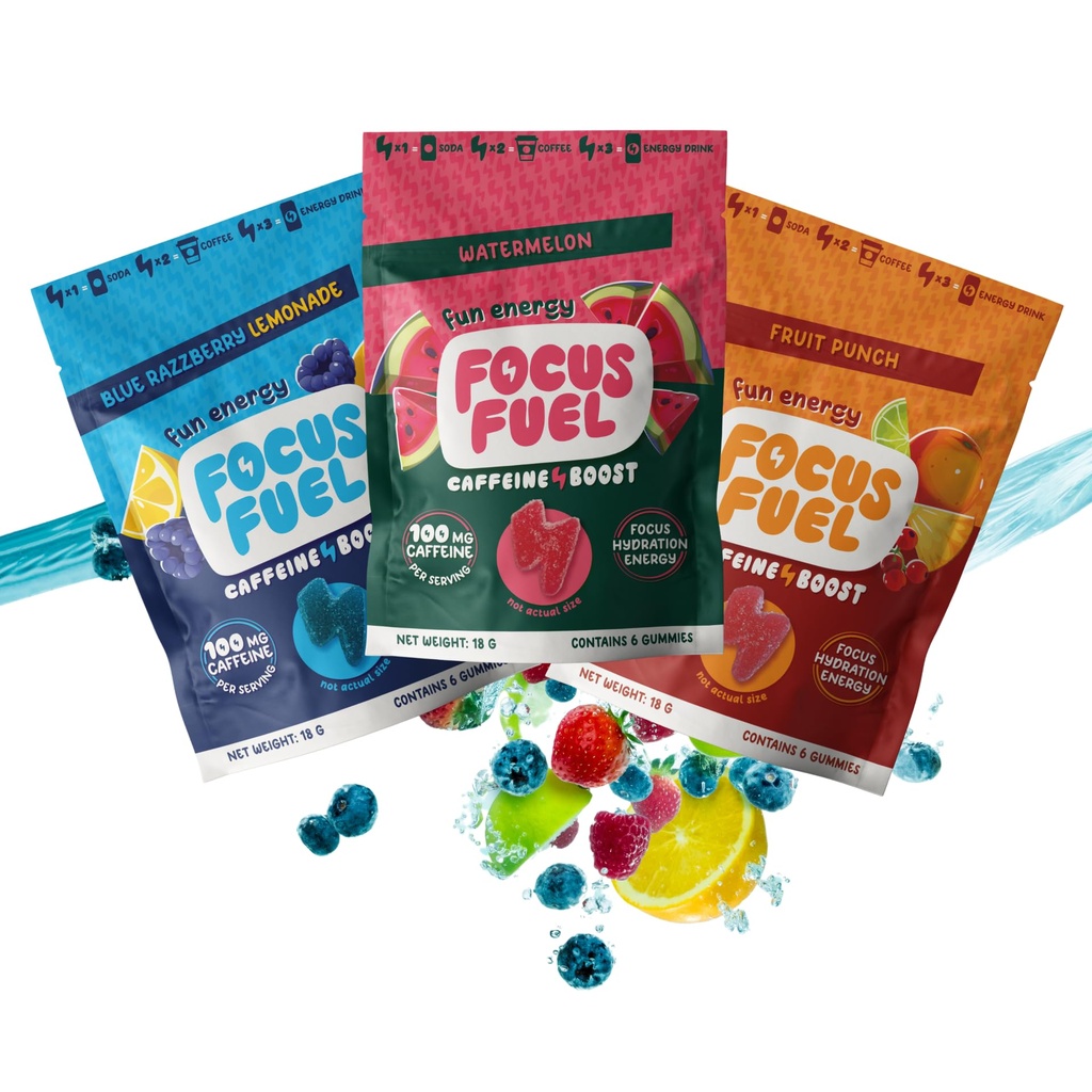 FocusFuel Energy Chews – Trial Size Variety Sample Pack (9 Servings) – 100mg Caffeine + Alpha GPC + L-Theanine + B12, Magnesium – Blue Razzberry Lemonade, Watermelon, Fruit Punch – No Crash o Jitters