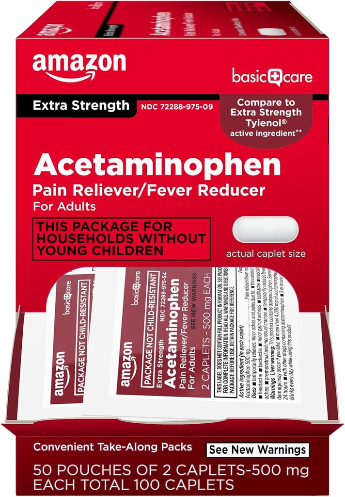 Cuidado básico - Caplet de acetaminofeno de fuerza extra 500 mg, 100 Conde ( 50 bolsas de 2 caplets )