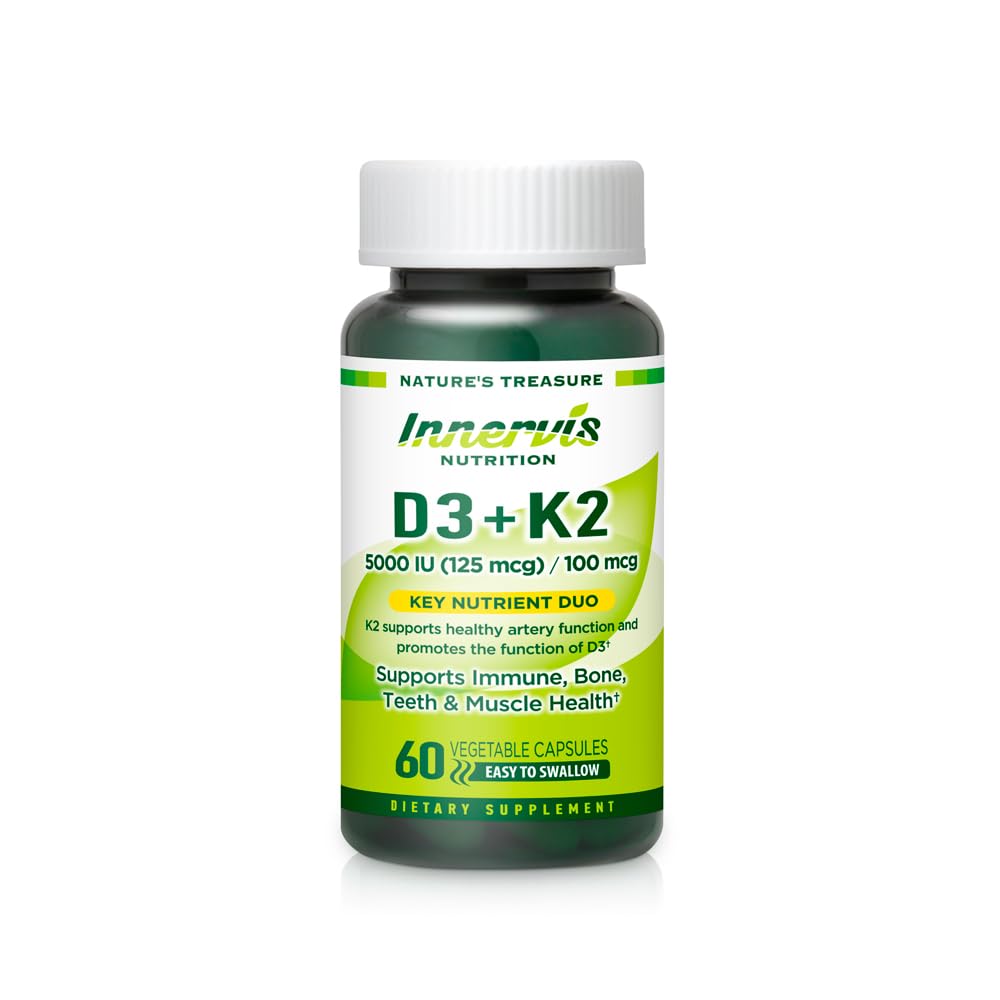Vitamina D3 5000 UI + K2 MK-7 100mcg – Bone, Heart &amp; Immune Support, Easy to Swallow, 60 cápsulas