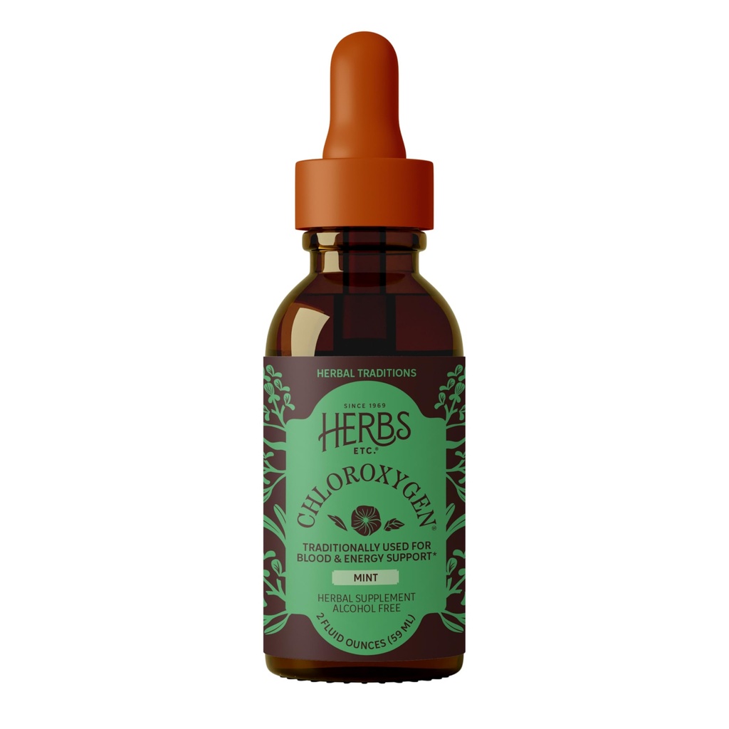 Herbs Etc. ChlorOxygen Chlorophyll Concentrate Mint Alcohol Free Liquid Extract - Liquid Chlorophyll Drops - Detoxifying & Deodorizing - Skin, Gut & Energy Support - 2 fl oz (132 Servings)