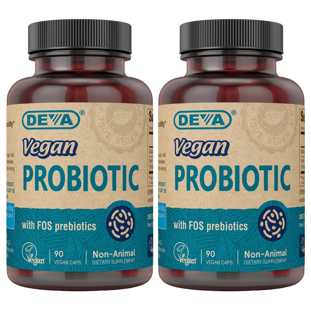 DEVA Vegan Probiótico con FOS Prebióticos Suplemento - 2 Billones CFU con 100 MG de Prebióticos por Servir para Hombres y Mujeres - No-Dairy Gluten Libre - Naturalmente Establo Stable - 90 cápsulas (Pack de 2)
