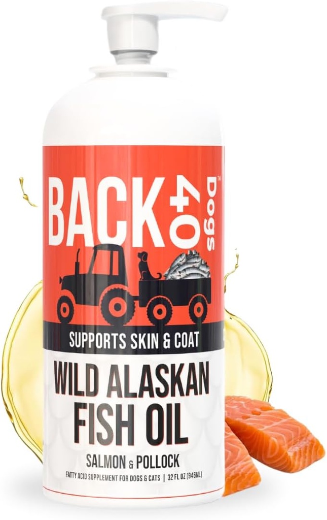 Black 40 perros Wild Alaskan Fish Oil for Dogs, Skin and Coat Supplement for Dogs & Cats, Omega-3-Rich Salmon and Pollock Oil, EPA & DHA Dog Salmon Oil for Brain, Heart, and Joints 32 fl oz