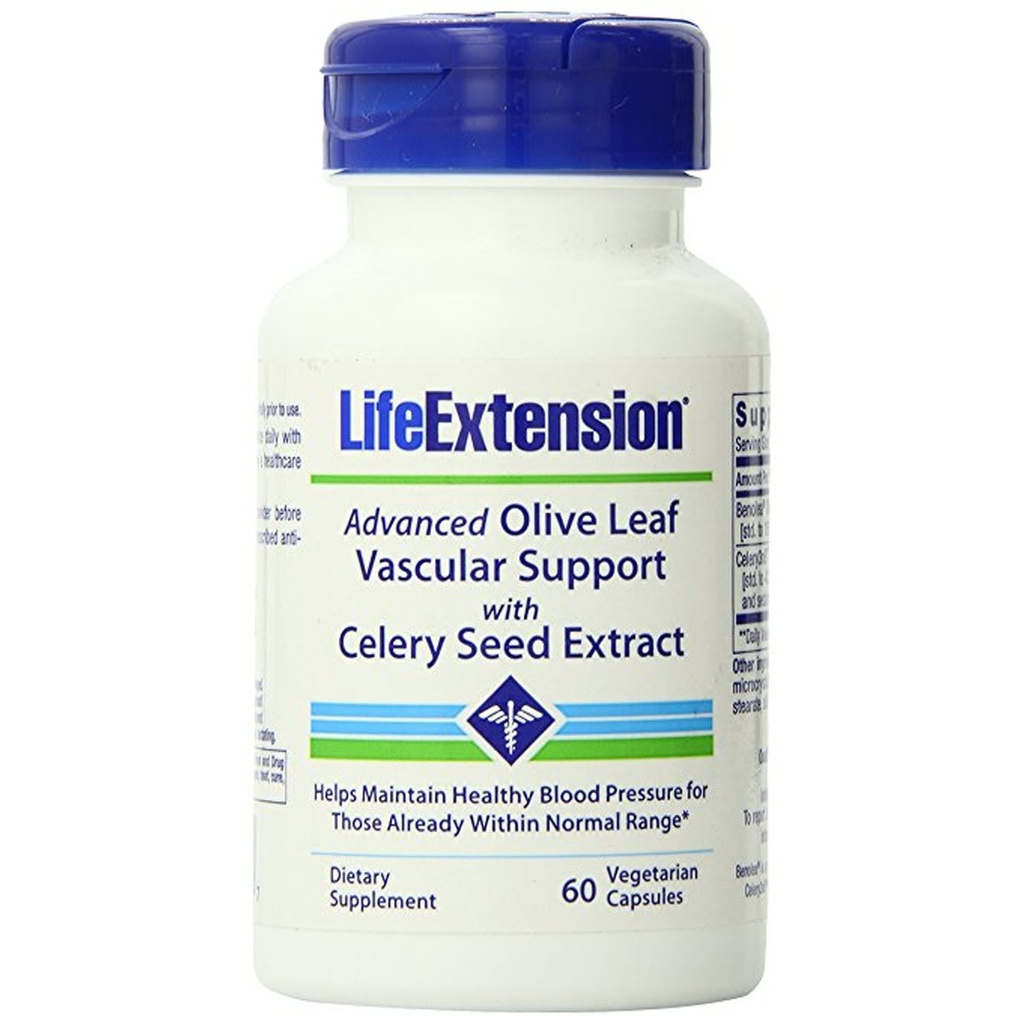 Life Extension Advanced Olive Leaf Vascular Support, Olive Extract, Celery Extract, oleuropein, Blood Pressure Health Support, Cardiovascular Health, Vegetarian, Gluten-Free, Non-GMO, 60 cápsulas