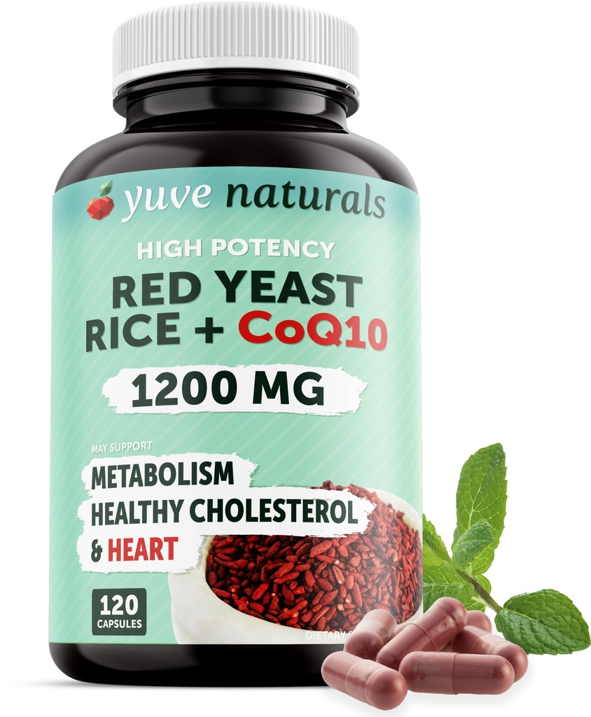 100% Natural de Levadura Roja 1200 mg con CoQ10 100 mg, 2 en 1, Mantener niveles saludables de colesterol - 120 cápsulas de verduras