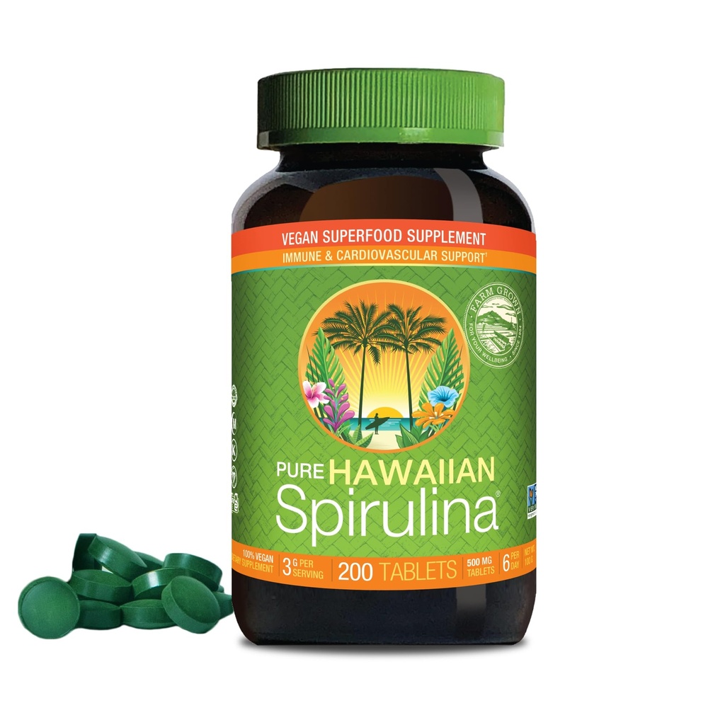 Nutrex Hawaii, Pure Hawaiian Spirulina 500 mg, Vegan, apoya el sistema inmunológico, corazón, células y energía, 200 tabletas
