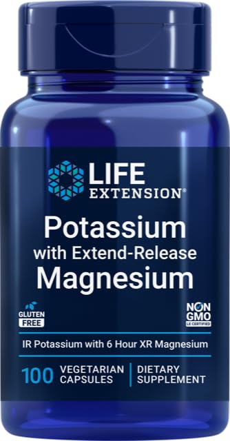 Extensión de vida 99mg Potasio con Magnesio de liberación extendida 250mg, 100 caps de veg - Libre de gluten – No-GMO – Suplemento vegetariano para hombres y mujeres - Dual-Action Mineral Formula