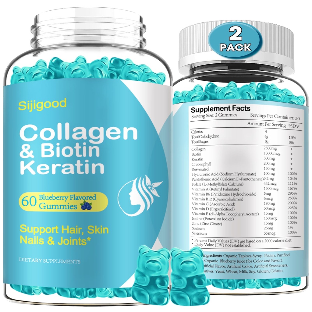 2 Pack Biotina Gummies con Collagen, Keratin, Ácido Hialurónico, Vitamina para la piel, Crecimiento del cabello, uñas, Mujeres Adultos Niños - Blueberry Flavored, 120 Gummies
