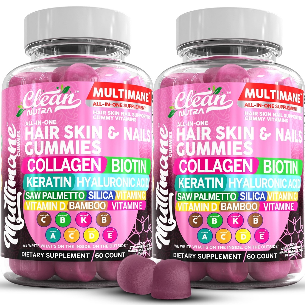 Multimane Collagen Gummies with Biotin Keratin Hyaluronic Acid Bamboo Vitamina A C Vitamina D Vitamina E Folate Saw Palmetto Silica B3 Vitaminas Skin y uñas Gummies por Clean Nutra