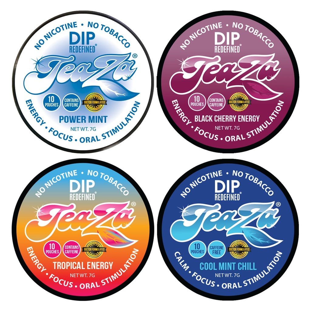 Nuevo Teaza Herbal Energy Pouch Mixed (4 pack) Peppermint-Tropical-Cool Mint Chill-Banging Black Cherry