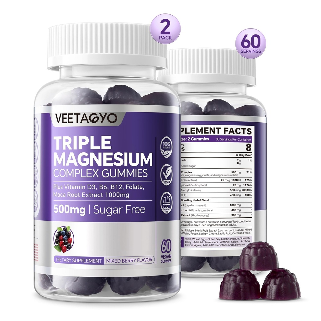 Magnesio Gummies 500mg 400mg ← High Absorption, Bone, Nerves, Muscle tención 3 Formas de Magnesium Complex Suplemento Glycinate,Taurate,Malate peru Adults - Vegan,Sugar Gratis,120Cts