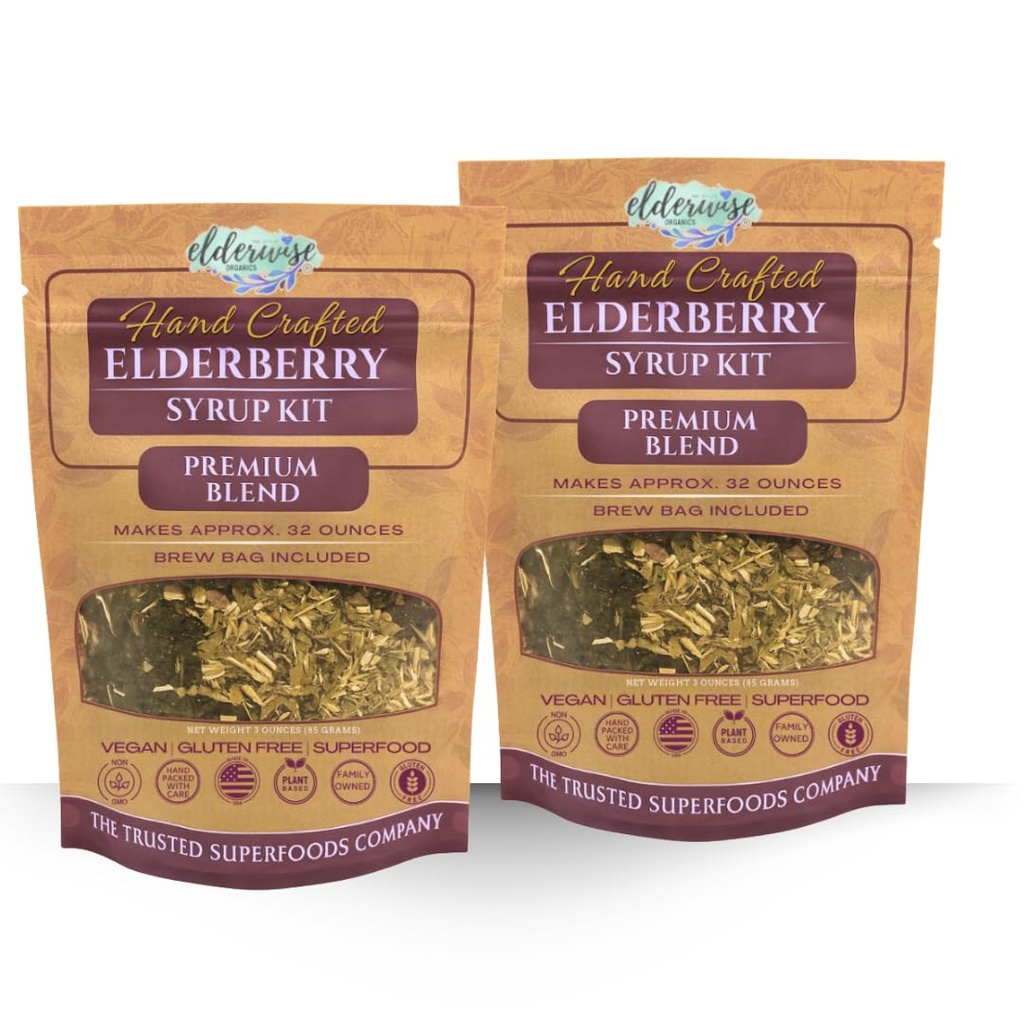 Elderberry Syrup Kits 2X - Cada Hace Aprox. 32oz - Incluye Bolsas de Brewing - Ingredientes - Elderberries - Rosehips - Ginger - Echinacea - Cinnamon - Ropa - Elderwise