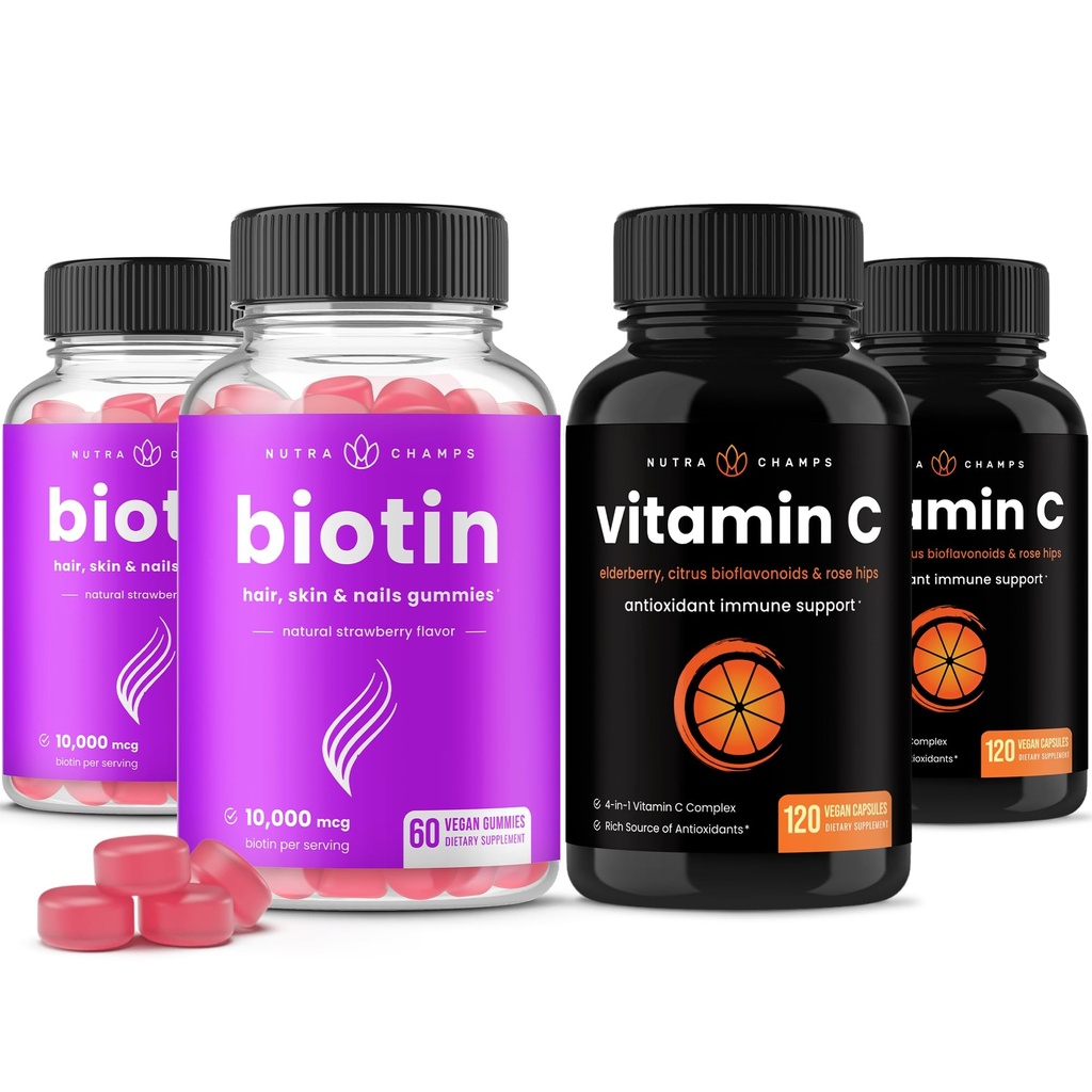 NutraChamps Biotin Gummies (2 Pack) y cápsulas de vitamina C (2 Pack) 4 Pack Bundle
