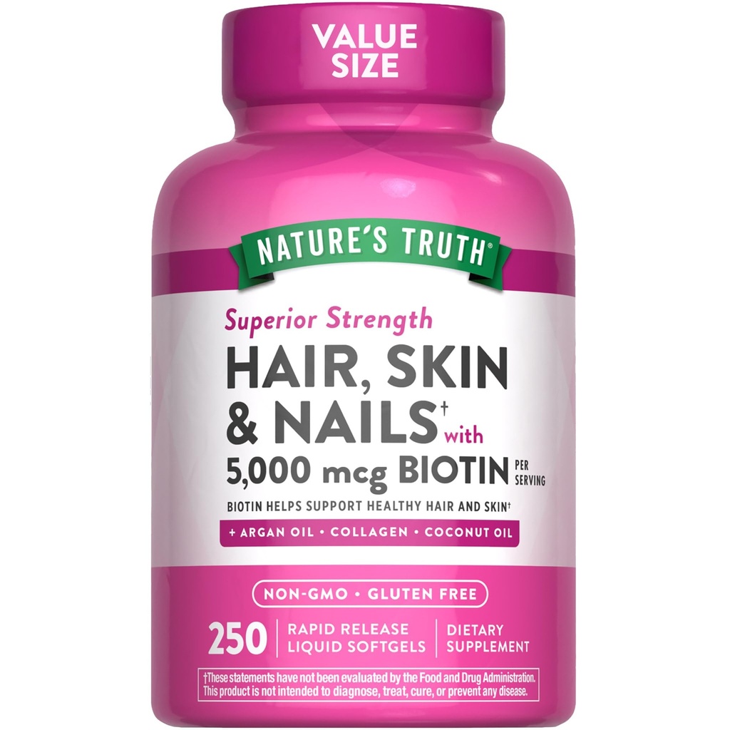 La verdad de la naturaleza Pelo, Esquín &amp; Nails Vitaminas TEN 5000mcg TEN 250 Softgels TEN Incluye Collagen, Biotin y Aceite de coco ← No GMO &amp; Gluten Suplemento gratuito para Mujeres y Hombres