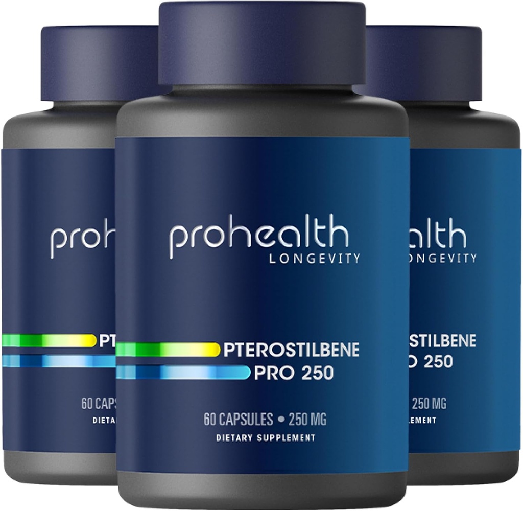 Suplemento de Pterostilbeno (250mg, 60 cápsulas) ← Probada clínicamente, Antioxidante testado de terceros para la salud cerebral y del corazón ¦ Activa genes de longevidad (3 Pack)
