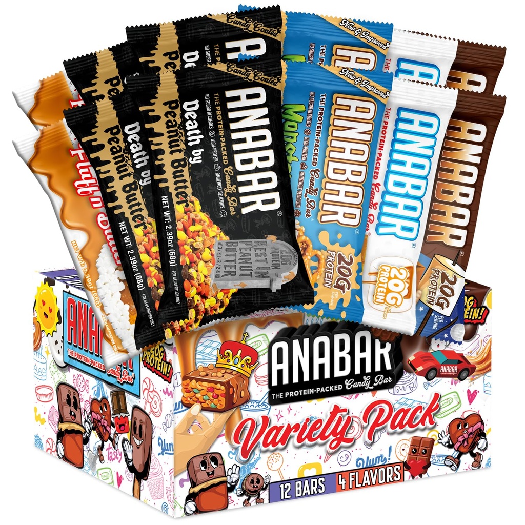 Anabar Protein Bar, The Protein-Packed Candy Bar, World's Best Tasting Protein Bar, No Sugar Alcohols, High Protein, Amazingly Delicious, 20 Grams of Protein (12 Bares, Variedad Pack)