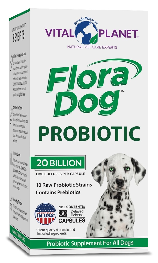 Planeta Vital - Flora Dog Probiotic Capsules Suplemento con 20 culturas de billón y 10 Strains, High Potency Immune y soporte digestivo Probióticos para perros, 30 cápsulas de liberación retrasada