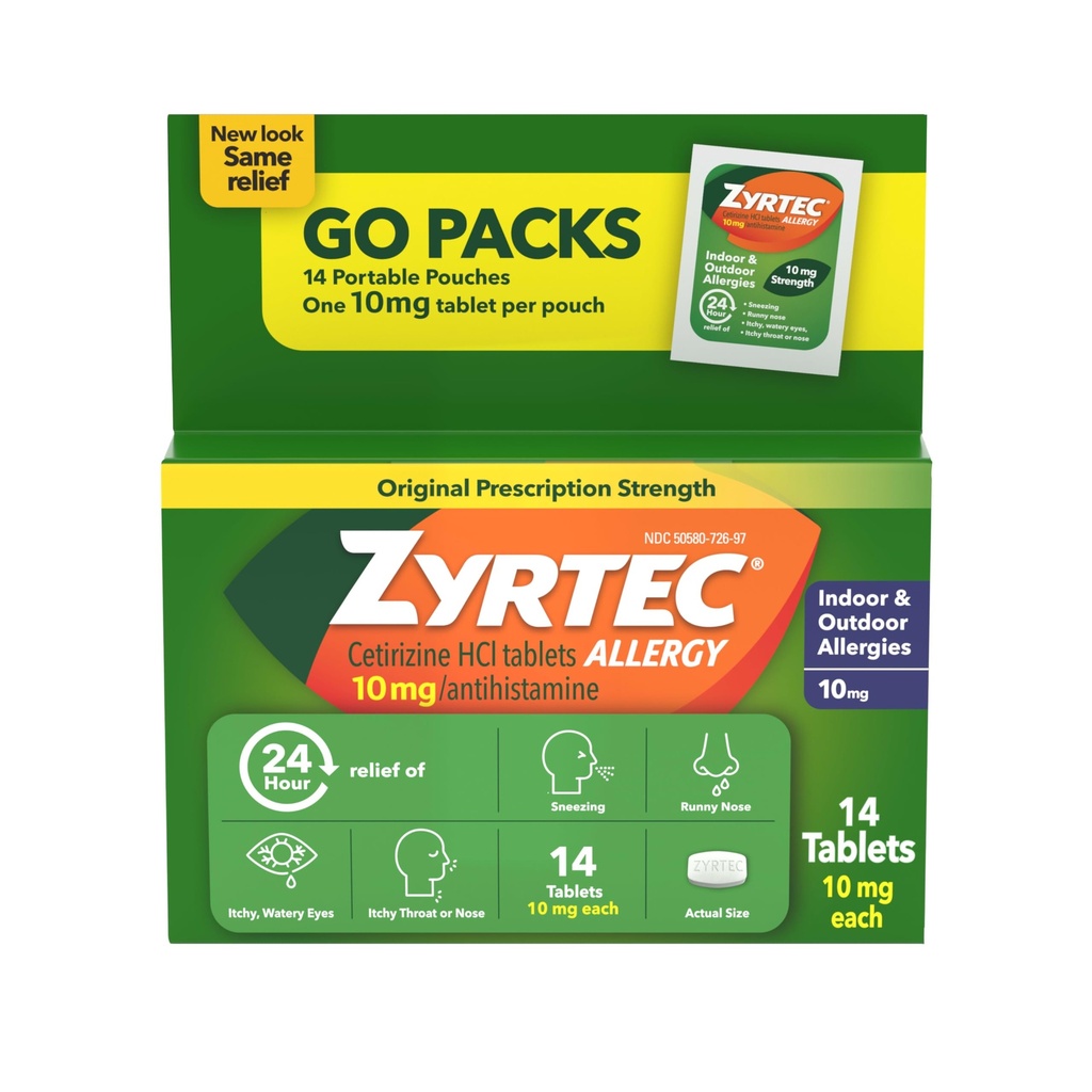 Zyrtec 24 horas Alivio de Alergia Tabletas, Antihistamina Indoor &amp; Anti Alergia al aire libre Medicina + Cetirizina HCl, Alivio de Runny Nose, Sneezing, " Ojos picantes, Paquetes individuales, 14 x 1 ct Packets