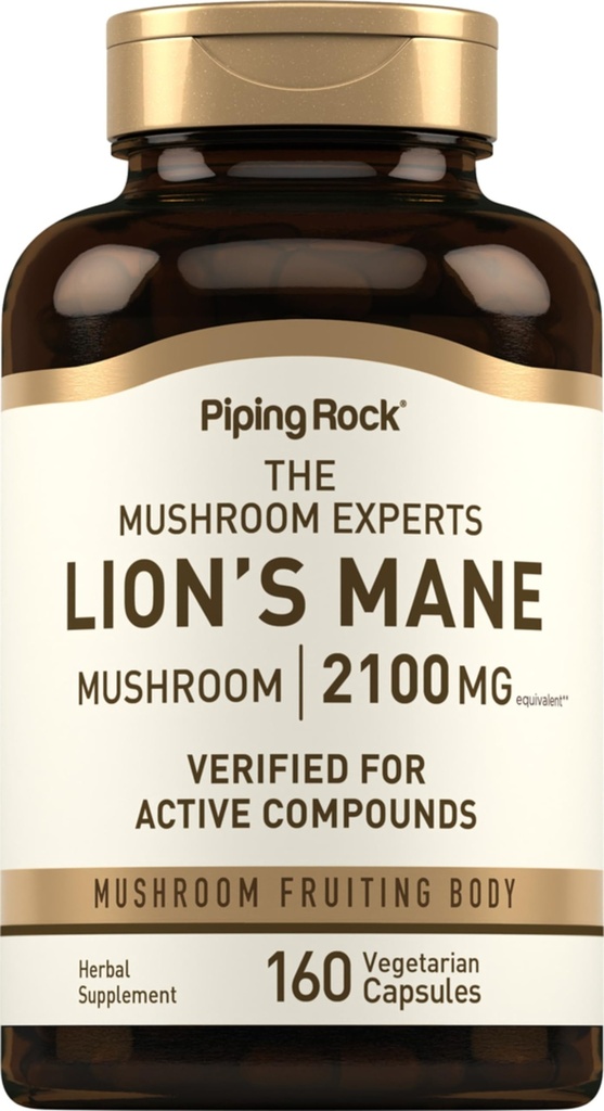 Piping Rock Lions Mane Mushroom Suplemento Silencio 2100mg Silencio 160 Capsules  Extract for Women and Hombre ← Vegetarian, Non GMO &amp; Gluten Free