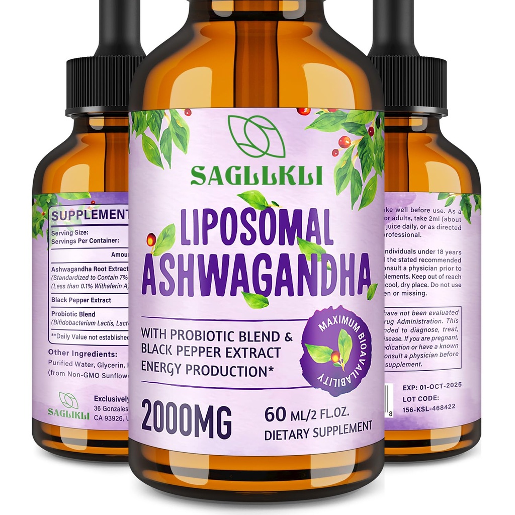 Liposomal Ashwagandha Liquid Drops 2000mg, Ashwagandha Root Extract Supplement (7% Withanolides) with Black Pepper Extract " Probiotics for Focus, Cognition & Energy - 2 FL.OZ (1 Bottle)