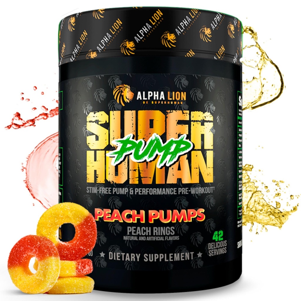 ALPHA LION Superhuman Pump Pre Workout Powder, Nootropic Caffeine &amp; Stim Free Preworkout Suplemento, Nitric Oxide Booster, Muscle Gainer, Energy & Focus (42 Servings, Peach Pumps Flavor)